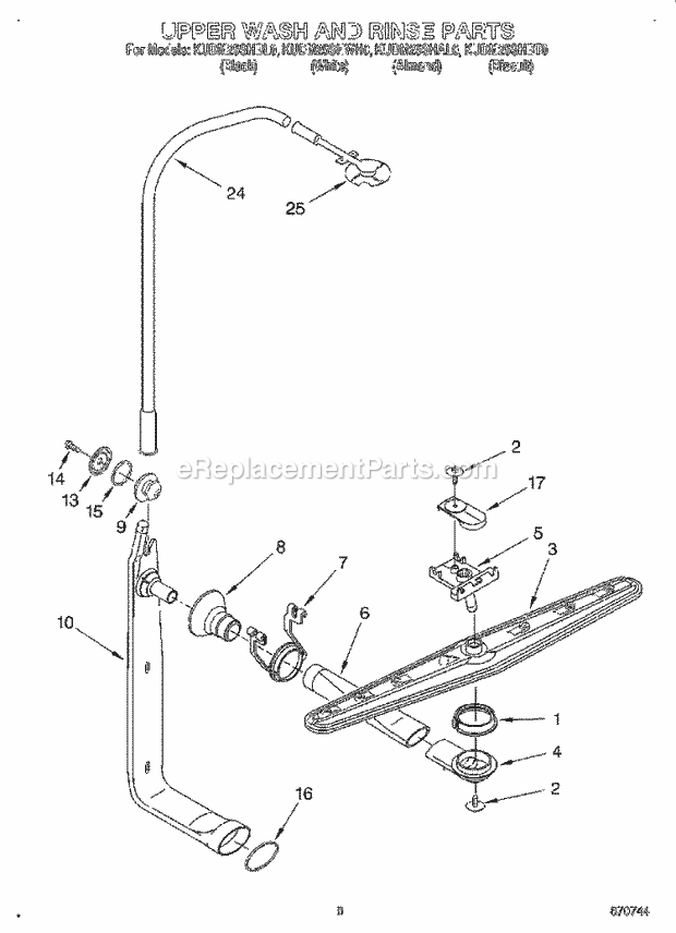 KitchenAid KUDM25SHBL0 Dishwasher Upper Wash and Rinse Diagram