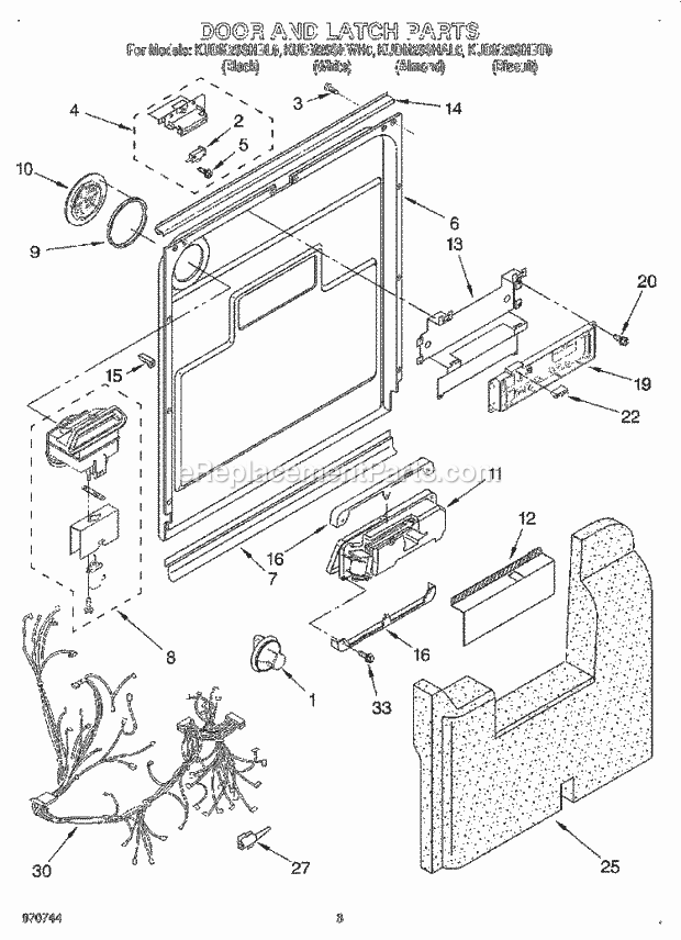 KitchenAid KUDM25SHBL0 Dishwasher Door and Latch Diagram