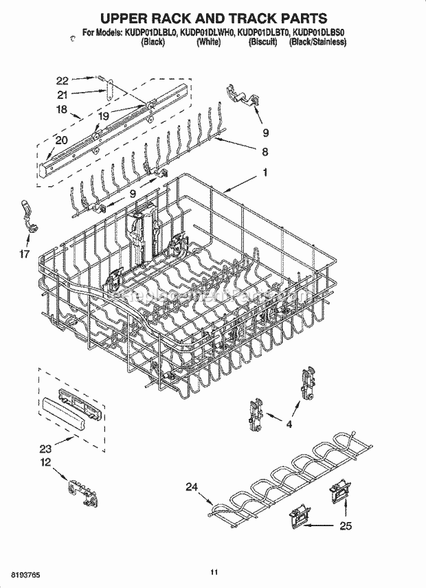 KitchenAid KUDP01DLBS0 Dishwasher Upper Rack and Track Parts Diagram