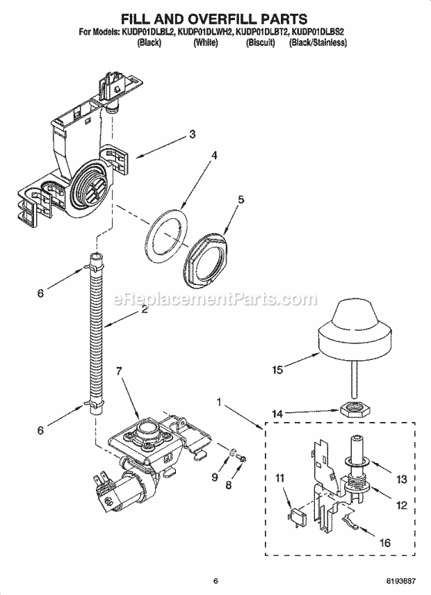 KitchenAid KUDP01DLBS2 Dishwasher Fill and Overfill Parts Diagram