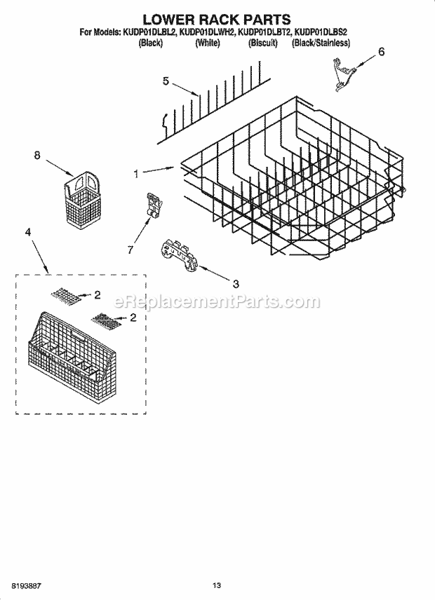 KitchenAid KUDP01DLBS2 Dishwasher Lower Rack Parts Diagram