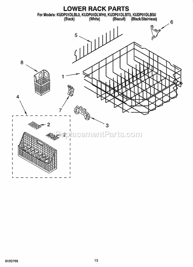 KitchenAid KUDP01DLBT0 Dishwasher Lower Rack Parts Diagram