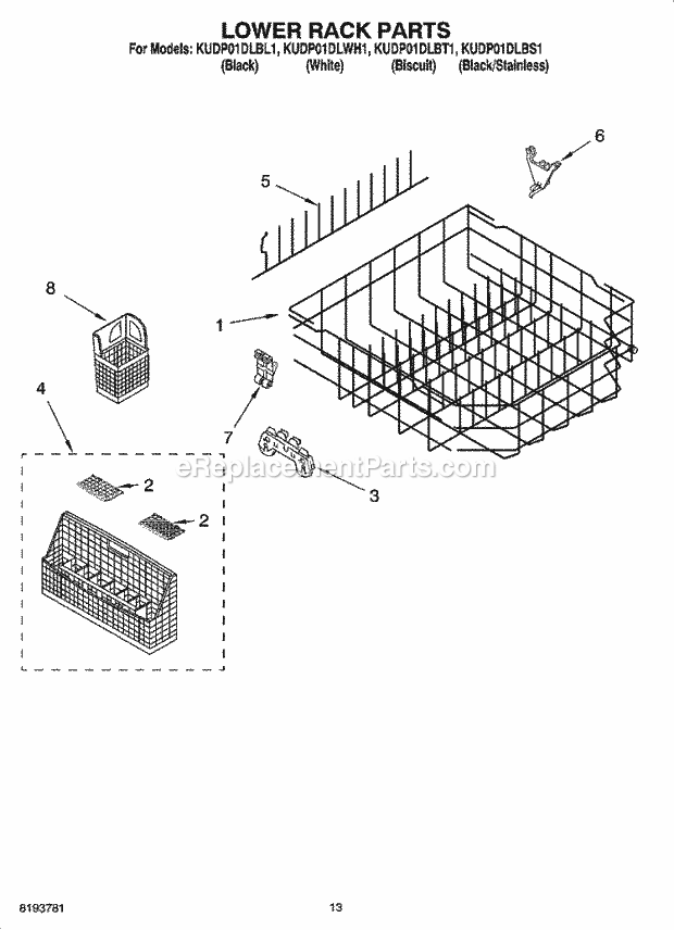 KitchenAid KUDP01DLBT1 Dishwasher Lower Rack Parts Diagram