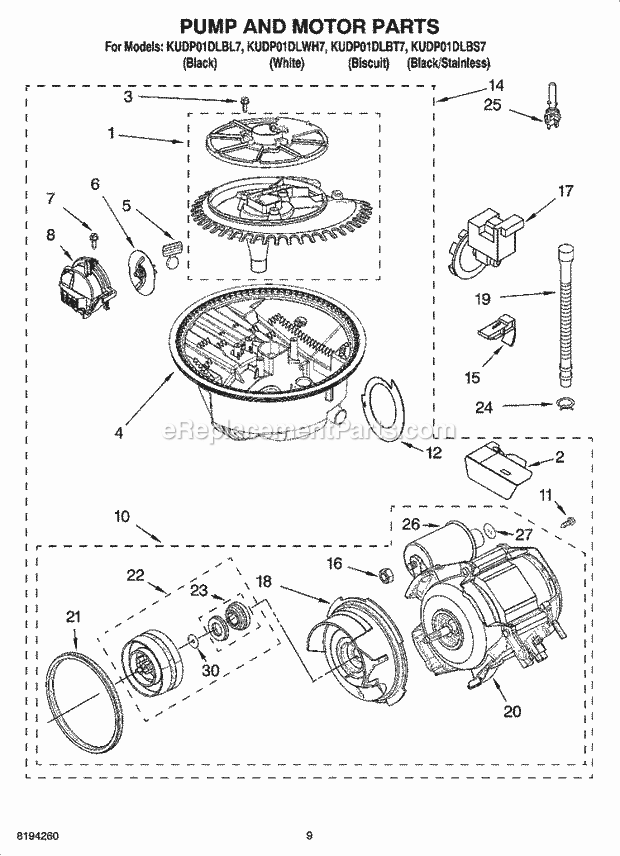 KitchenAid KUDP01DLBT7 Dishwasher Pump and Motor Parts Diagram