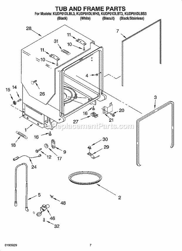 KitchenAid KUDP01DLWH3 Dishwasher Tub and Frame Parts Diagram