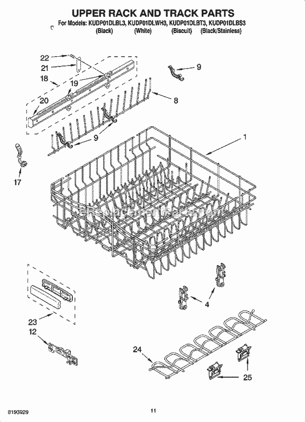 KitchenAid KUDP01DLWH3 Dishwasher Upper Rack and Track Parts Diagram