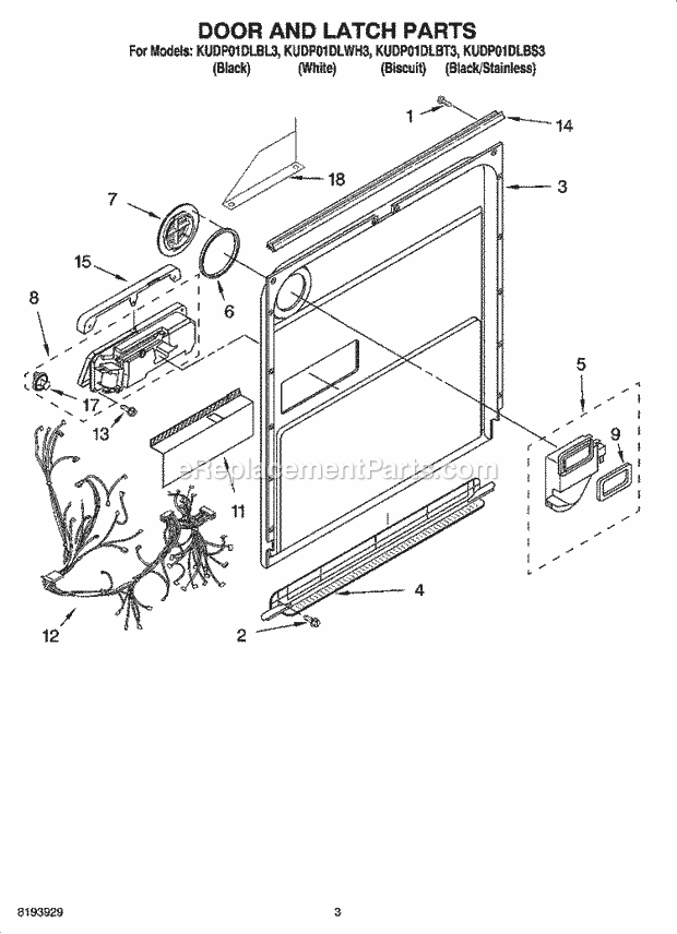 KitchenAid KUDP01DLWH3 Dishwasher Door and Latch Parts Diagram