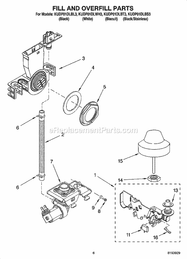 KitchenAid KUDP01DLWH3 Dishwasher Fill and Overfill Parts Diagram