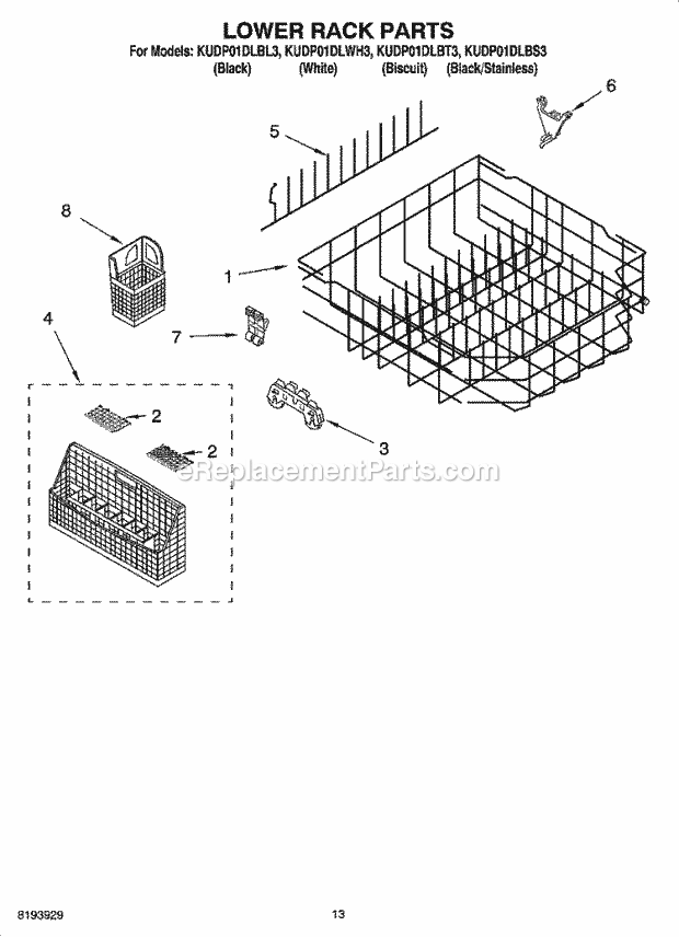 KitchenAid KUDP01DLWH3 Dishwasher Lower Rack Parts Diagram