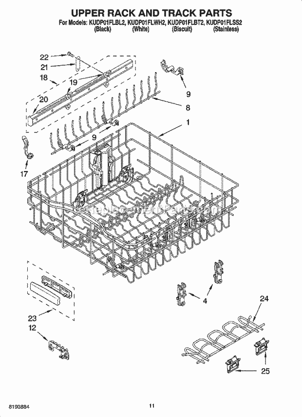 KitchenAid KUDP01FLBL2 Dishwasher Upper Rack and Track Parts Diagram