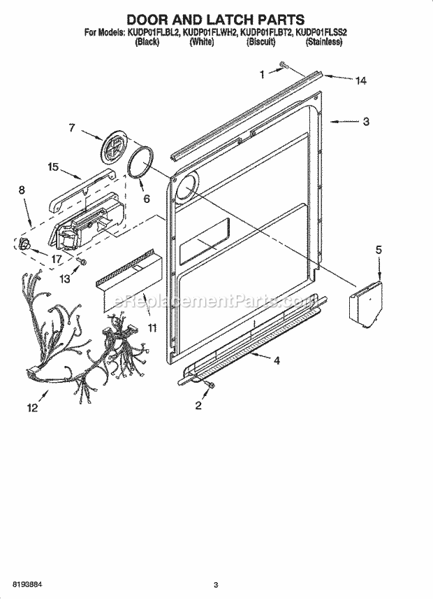 KitchenAid KUDP01FLBL2 Dishwasher Door and Latch Parts Diagram