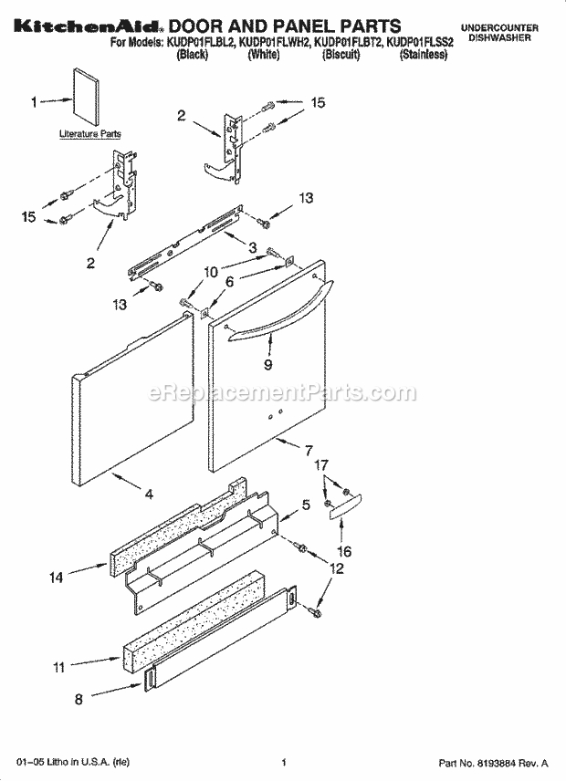 KitchenAid KUDP01FLBL2 Dishwasher Door and Panel Parts Diagram