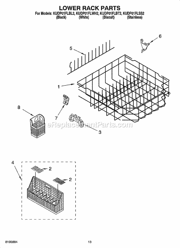 KitchenAid KUDP01FLBL2 Dishwasher Lower Rack Parts Diagram