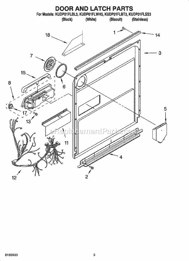 KitchenAid KUDP01FLBL3 Dishwasher Door and Latch Parts Diagram