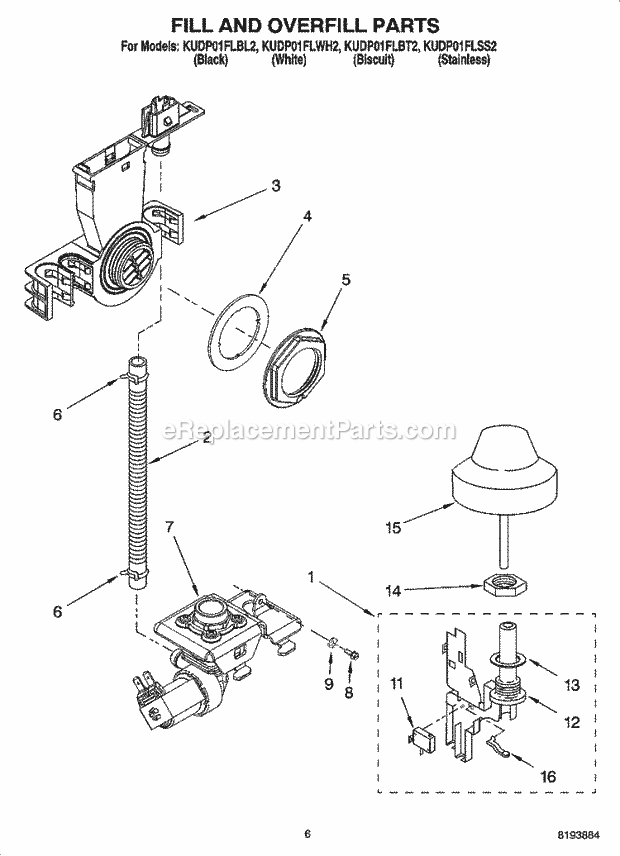 KitchenAid KUDP01FLBT2 Dishwasher Fill and Overfill Parts Diagram