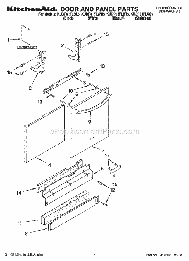 KitchenAid KUDP01FLBT5 Dishwasher Door and Panel Parts Diagram