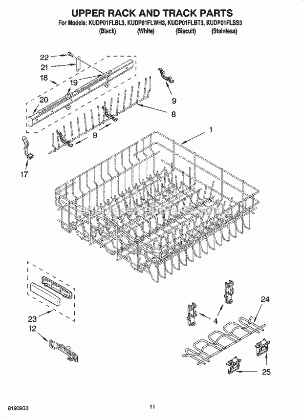 KitchenAid KUDP01FLSS3 Dishwasher Upper Rack and Track Parts Diagram