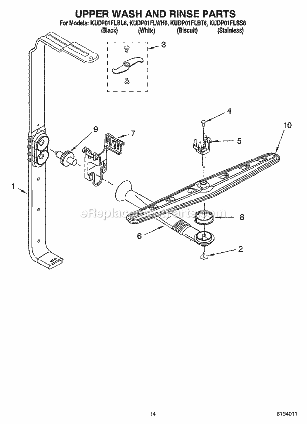 KitchenAid KUDP01FLWH6 Dishwasher Upper Wash and Rinse Parts, Optional Parts (Not Included) Diagram