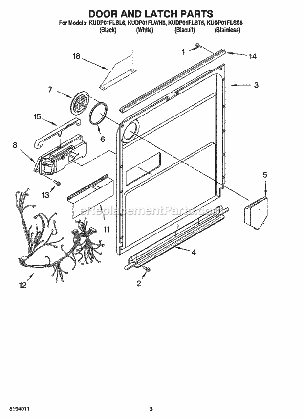 KitchenAid KUDP01FLWH6 Dishwasher Door and Latch Parts Diagram