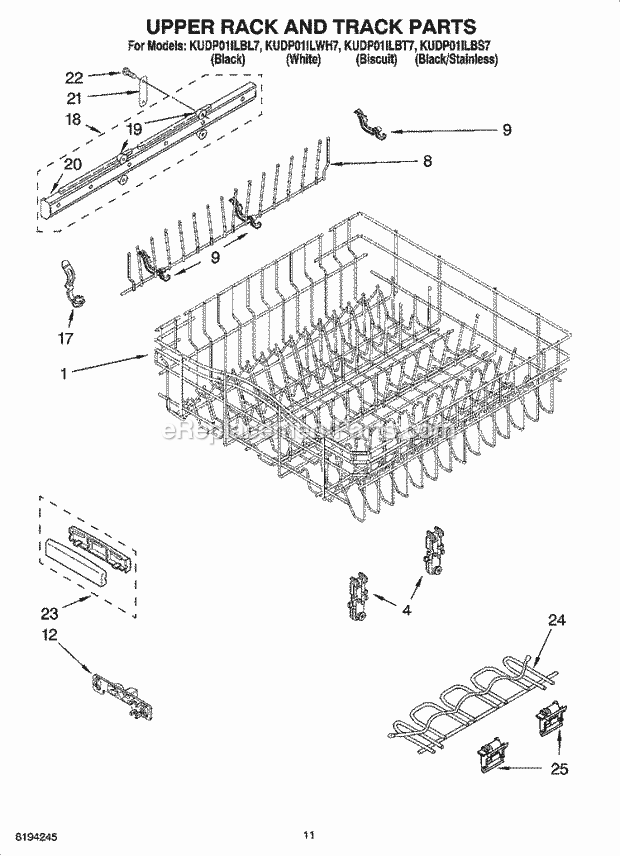 KitchenAid KUDP01ILBL7 Dishwasher Upper Rack and Track Parts Diagram