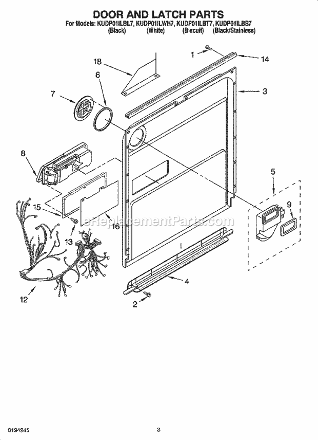 KitchenAid KUDP01ILBL7 Dishwasher Door and Latch Parts Diagram