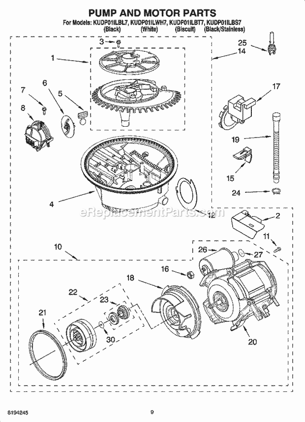 KitchenAid KUDP01ILBL7 Dishwasher Pump and Motor Parts Diagram