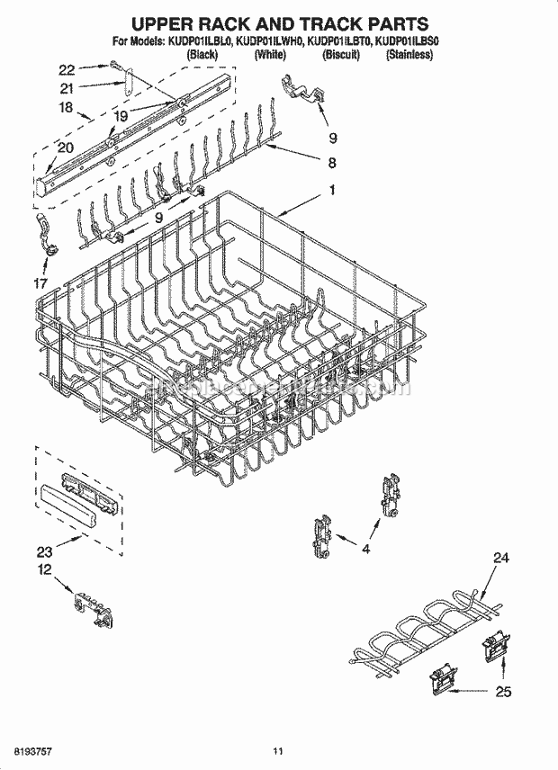 KitchenAid KUDP01ILBT0 Dishwasher Upper Rack and Track Parts Diagram