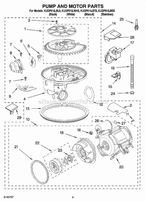 KitchenAid KUDP01ILBT0 Dishwasher Pump and Motor Parts Diagram