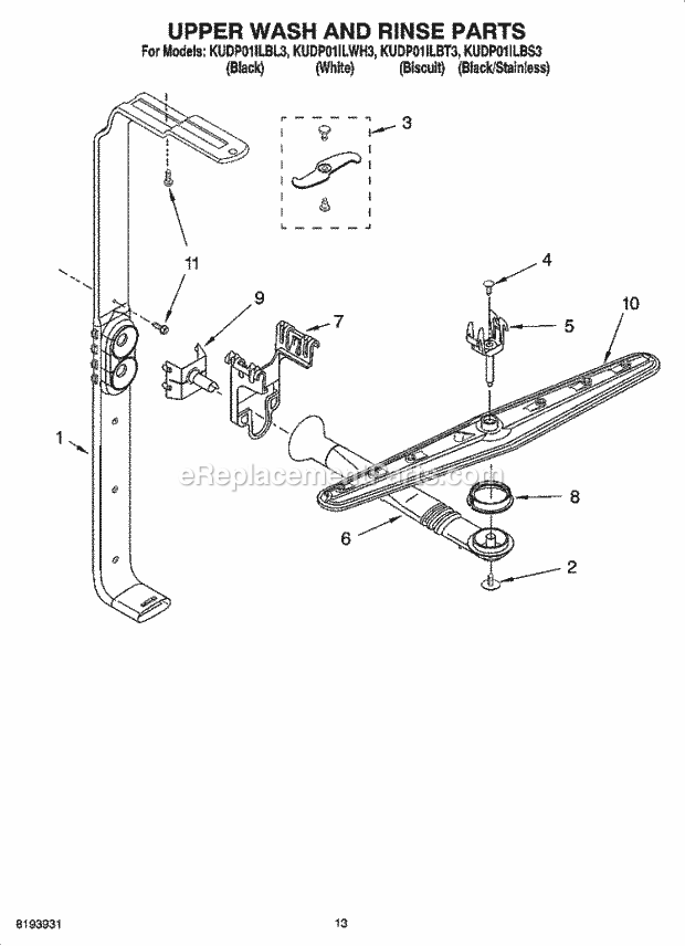 KitchenAid KUDP01ILBT3 Dishwasher Upper Wash and Rinse Parts Diagram