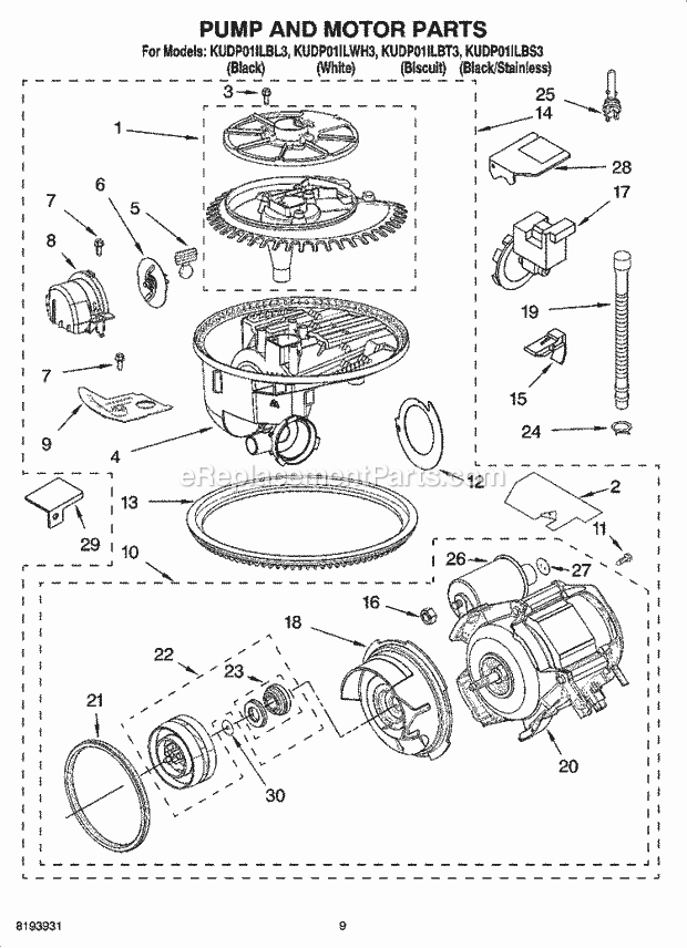 KitchenAid KUDP01ILBT3 Dishwasher Pump and Motor Parts Diagram