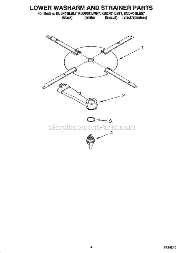 KitchenAid KUDP01ILWH7 Dishwasher Lower Washarm and Strainer Parts Diagram