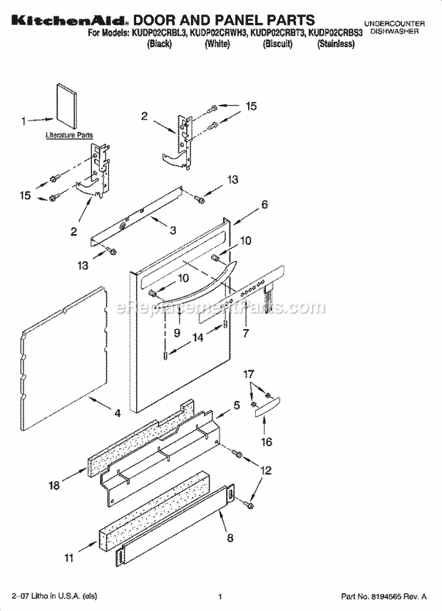 KitchenAid KUDP02CRBT3 Dishwasher Door and Panel Parts Diagram