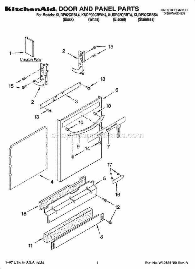 KitchenAid KUDP02CRWH4 Dishwasher Door and Panel Parts Diagram