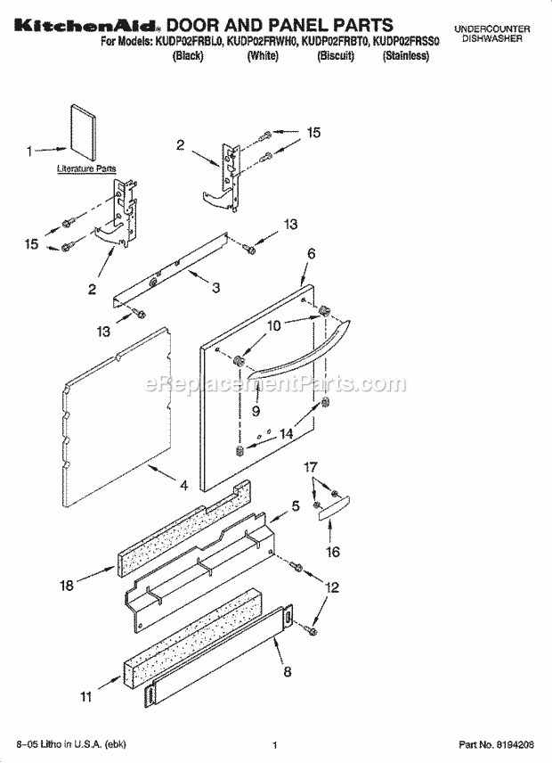 KitchenAid KUDP02FRBL0 Dishwasher Door and Panel Parts Diagram