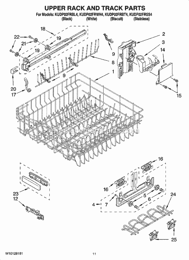 KitchenAid KUDP02FRBL4 Dishwasher Upper Rack and Track Parts Diagram