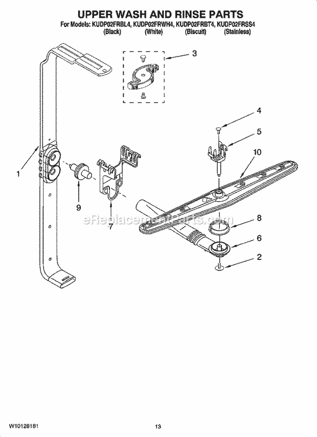 KitchenAid KUDP02FRBL4 Dishwasher Upper Wash and Rinse Parts Diagram