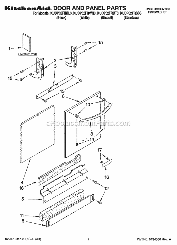 KitchenAid KUDP02FRBT3 Dishwasher Door and Panel Parts Diagram