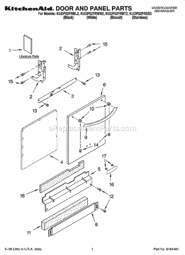 KitchenAid KUDP02FRSS2 Dishwasher Door and Panel Parts Diagram