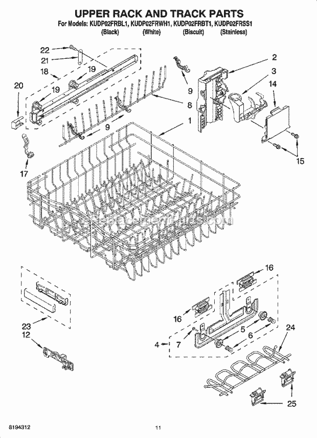 KitchenAid KUDP02FRWH1 Dishwasher Upper Rack and Track Parts Diagram