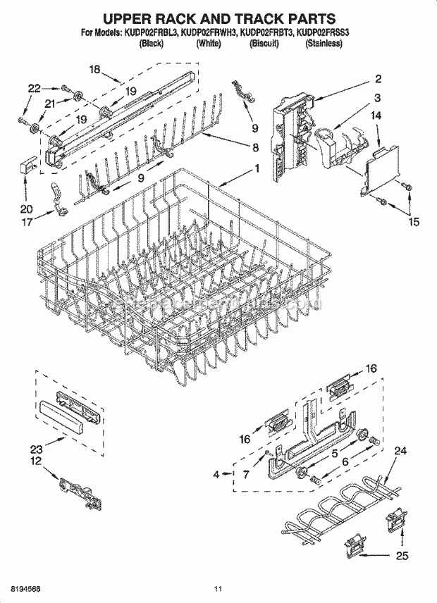 KitchenAid KUDP02FRWH3 Dishwasher Upper Rack and Track Parts Diagram