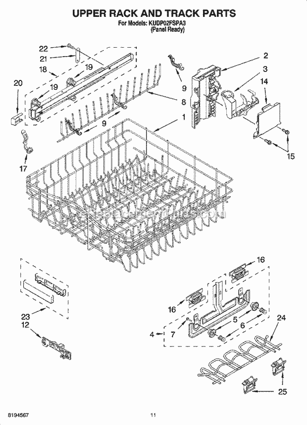 KitchenAid KUDP02FSPA3 Dishwasher Upper Rack and Track Parts Diagram