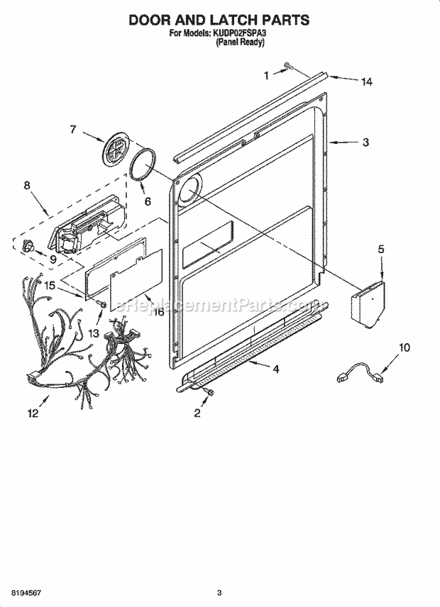 KitchenAid KUDP02FSPA3 Dishwasher Door and Latch Parts Diagram