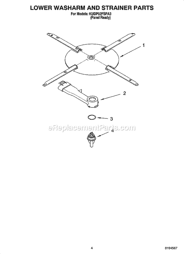 KitchenAid KUDP02FSPA3 Dishwasher Lower Washarm and Strainer Parts Diagram