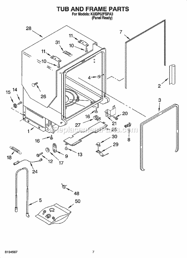 KitchenAid KUDP02FSPA3 Dishwasher Tub and Frame Parts Diagram