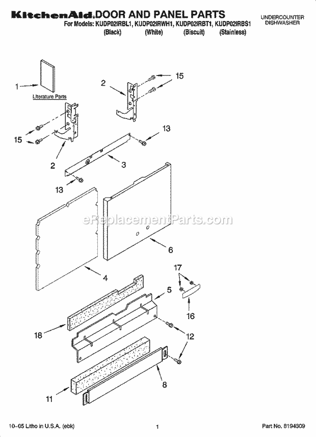 KitchenAid KUDP02IRBL1 Dishwasher Door and Panel Parts Diagram