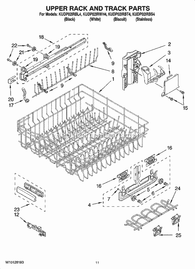 KitchenAid KUDP02IRBL4 Dishwasher Upper Rack and Track Parts Diagram