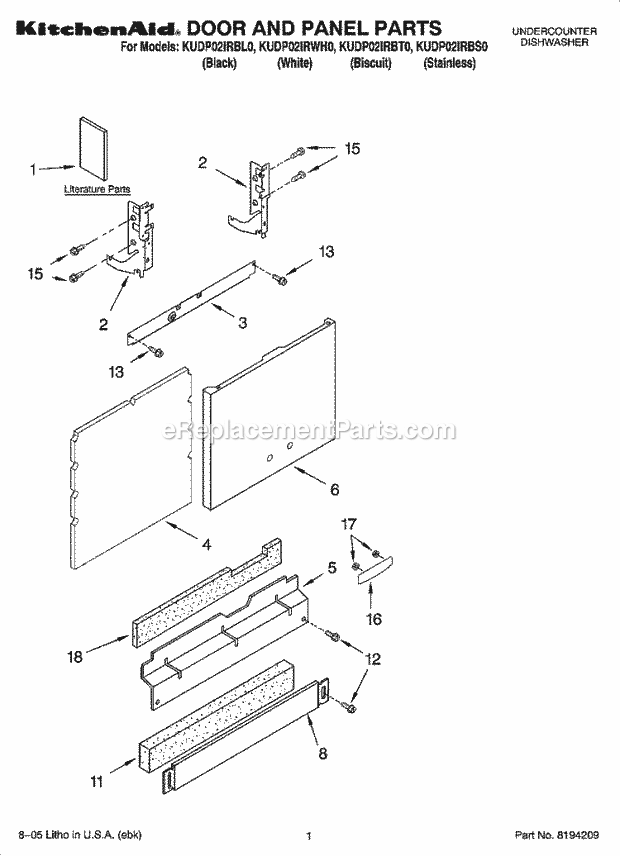 KitchenAid KUDP02IRBS0 Dishwasher Door and Panel Parts Diagram