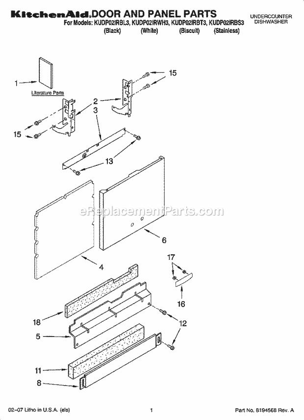 KitchenAid KUDP02IRBS3 Dishwasher Door and Panel Parts Diagram