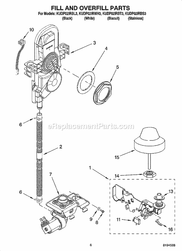 KitchenAid KUDP02IRBS3 Dishwasher Fill and Overfill Parts Diagram