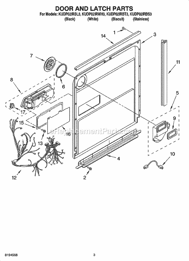 KitchenAid KUDP02IRWH3 Dishwasher Door and Latch Parts Diagram